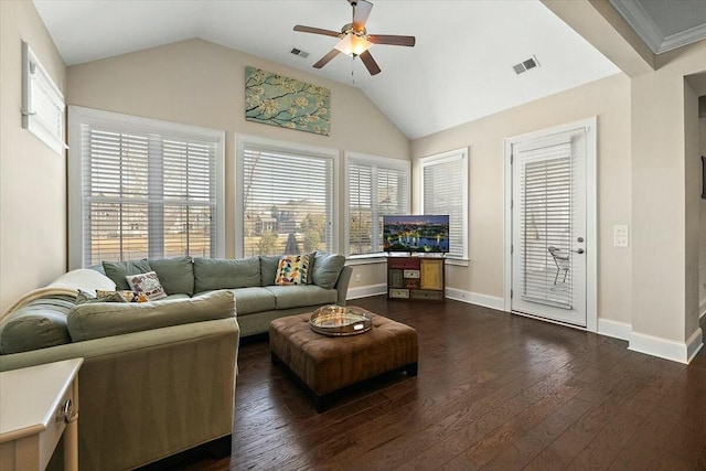 living room with visible vents, a ceiling fan, dark wood-style flooring, and vaulted ceiling