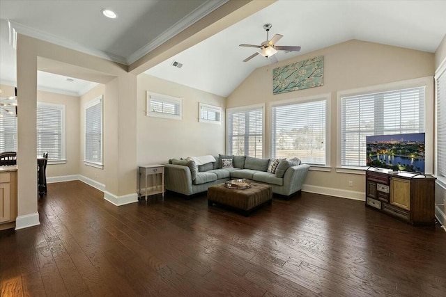 living room with vaulted ceiling, dark wood-style floors, visible vents, and baseboards