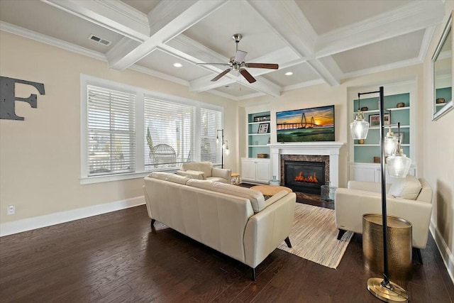 living room featuring dark wood-style floors, beam ceiling, coffered ceiling, and baseboards