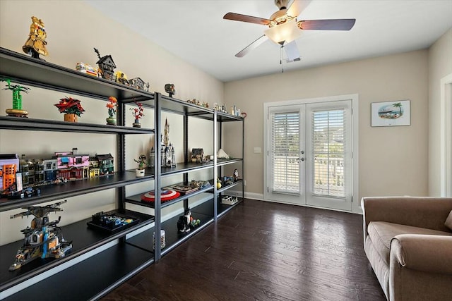 storage area with french doors and ceiling fan