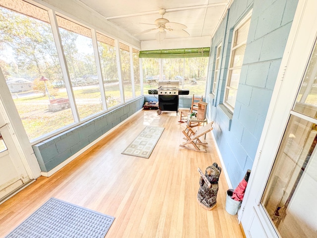 sunroom featuring ceiling fan