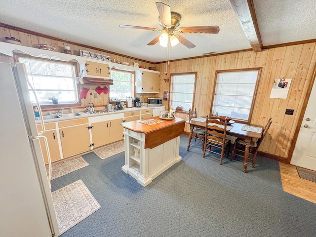 kitchen with wood walls, light colored carpet, and white fridge