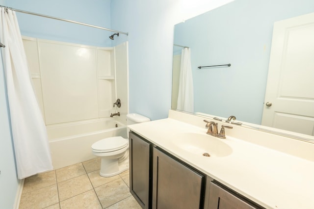 bathroom with toilet, tile patterned flooring, shower / tub combo with curtain, and vanity