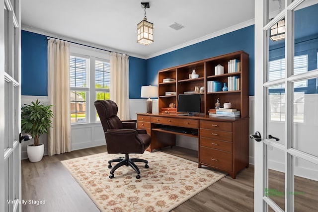202 Buttercup Ln, Summerville, SC 29486 - office space with wood finished floors, a wainscoted wall, ornamental molding, and a decorative wall