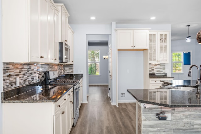202 Buttercup Ln, Summerville, SC 29486 - kitchen featuring appliances with stainless steel finishes, wood finished floors, backsplash, dark stone counters, and glass insert cabinets