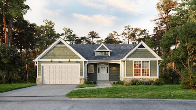 621 Plantation Dr, Santee, SC 29142 - craftsman house featuring driveway, stone siding, a front yard, and a garage