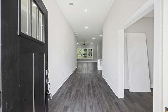 621 Plantation Dr, Santee, SC 29142 - foyer entrance featuring recessed lighting, dark wood finished floors, visible vents, baseboards, and ceiling fan