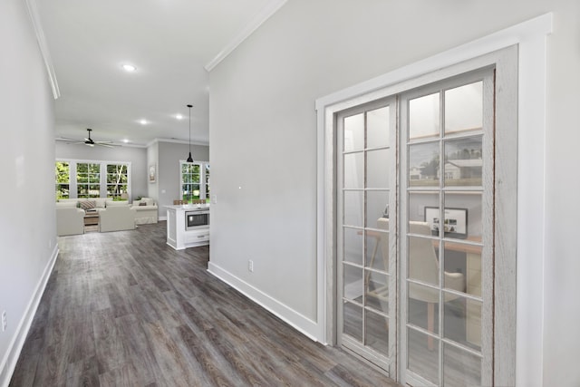 hall featuring ornamental molding and dark wood-type flooring