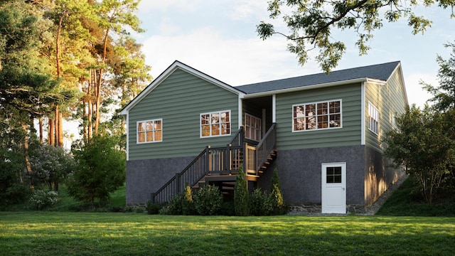 621 Plantation Dr, Santee, SC 29142 - view of front of house with stairs, a front lawn, and stucco siding