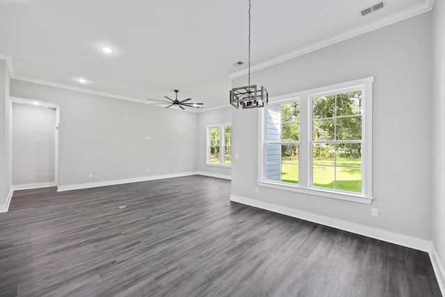 621 Plantation Dr, Santee, SC 29142 - unfurnished dining area with visible vents, crown molding, baseboards, dark wood-style flooring, and ceiling fan with notable chandelier