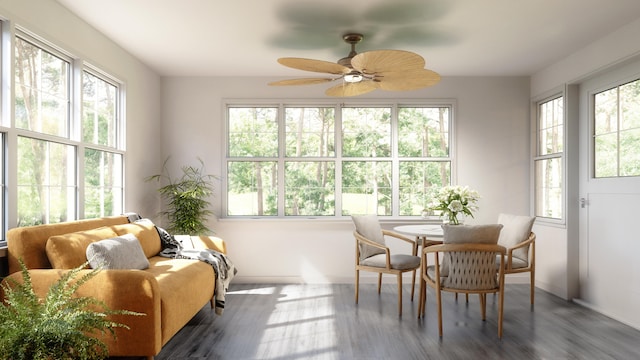 dining space with hardwood / wood-style floors and ceiling fan