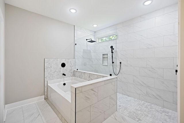 621 Plantation Dr, Santee, SC 29142 - bathroom with marble finish floor, baseboards, a walk in shower, and recessed lighting