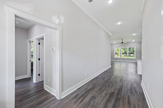 corridor with crown molding and dark wood-type flooring