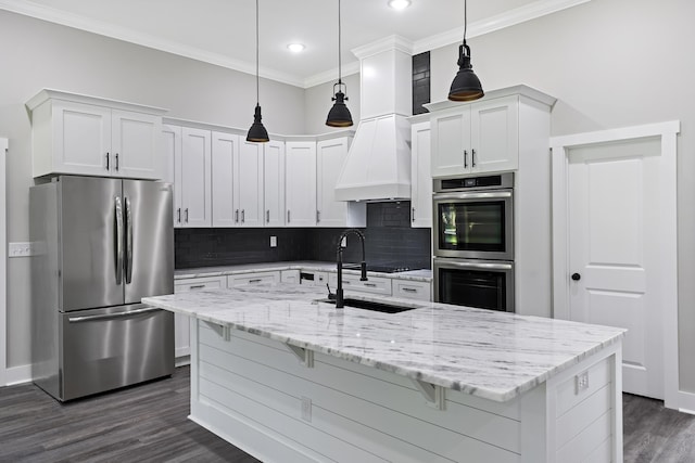 621 Plantation Dr, Santee, SC 29142 - kitchen featuring white cabinets, dark wood finished floors, crown molding, tasteful backsplash, and appliances with stainless steel finishes