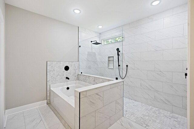 621 Plantation Dr, Santee, SC 29142 - bathroom with marble finish floor, baseboards, a walk in shower, and recessed lighting