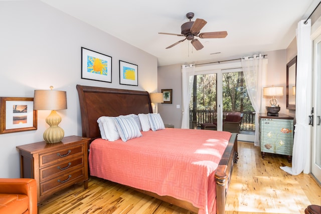 bedroom featuring access to exterior, light wood-type flooring, and ceiling fan