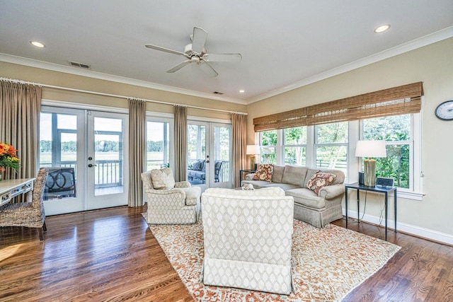 1227 River Rd, Johns Island, SC 29455 - living area with french doors, ornamental molding, ceiling fan, wood finished floors, and baseboards