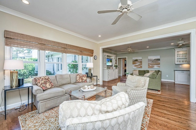 1227 River Rd, Johns Island, SC 29455 - living room with ceiling fan, baseboards, crown molding, wood finished floors, and recessed lighting