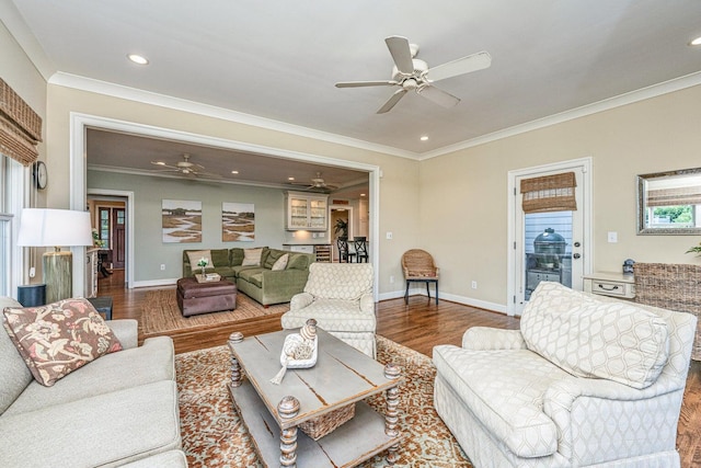 1227 River Rd, Johns Island, SC 29455 - living room with wood finished floors, ornamental molding, a ceiling fan, recessed lighting, and baseboards