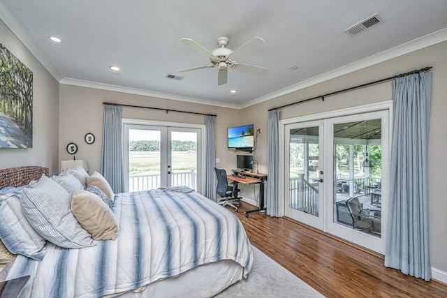 1227 River Rd, Johns Island, SC 29455 - bedroom featuring french doors, a desk, wood finished floors, access to outside, and ornamental molding