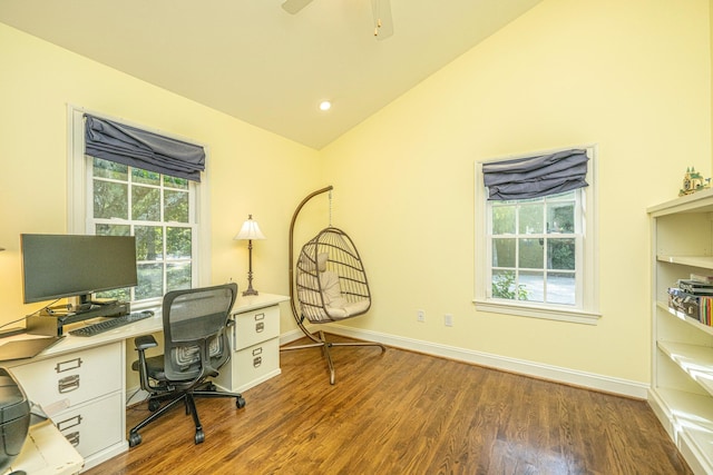 1227 River Rd, Johns Island, SC 29455 - office area with vaulted ceiling, wood finished floors, baseboards, and ceiling fan