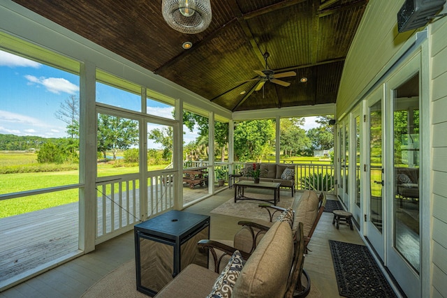1227 River Rd, Johns Island, SC 29455 - sunroom / solarium featuring ceiling fan, outdoor lounge area, vaulted ceiling, and french doors