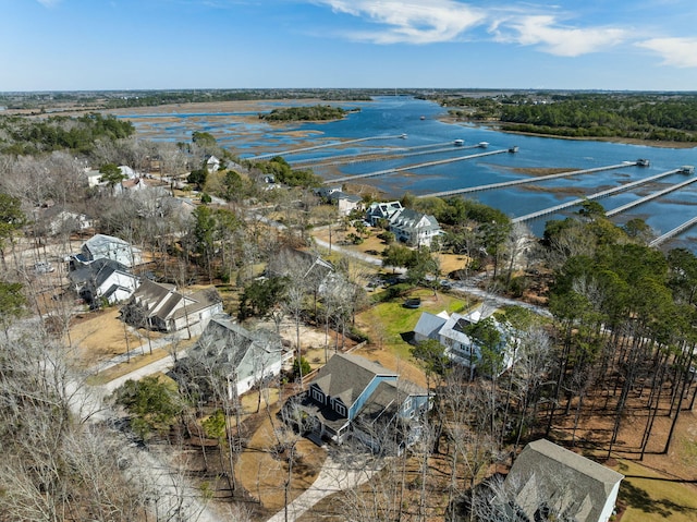 drone / aerial view featuring a water view