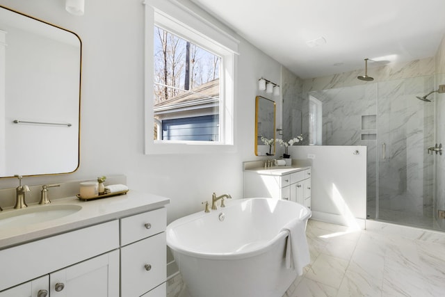 full bath with marble finish floor, a marble finish shower, a soaking tub, two vanities, and a sink