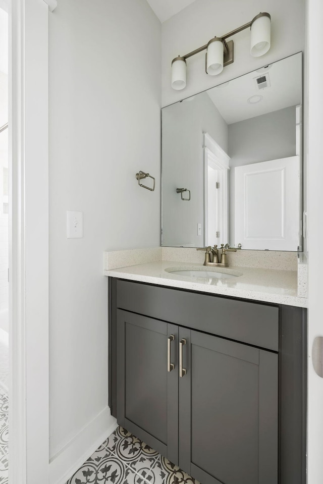 bathroom with visible vents, vanity, and baseboards