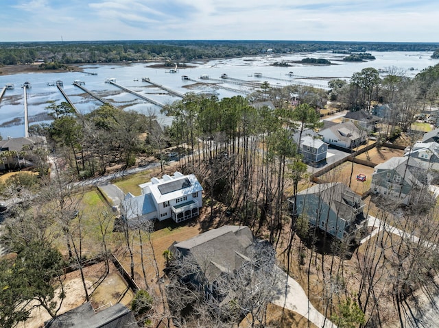 drone / aerial view with a water view