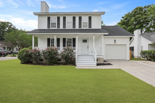 view of front of home with a porch, driveway, a front yard, a garage, and a shingled roof