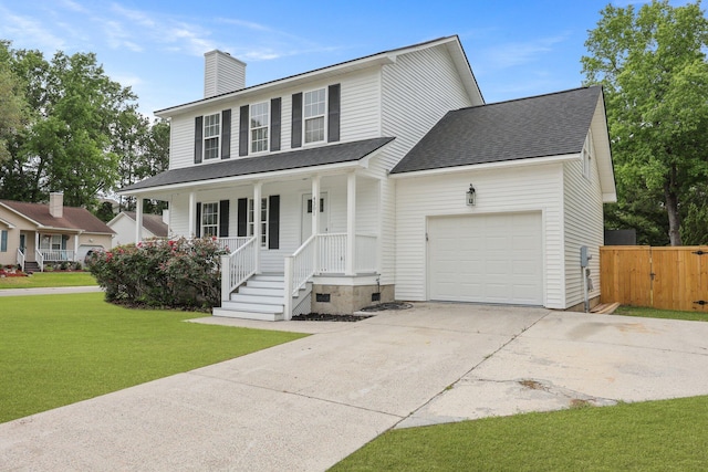 view of front of property featuring roof with shingles, a garage, a porch, a chimney, and concrete driveway