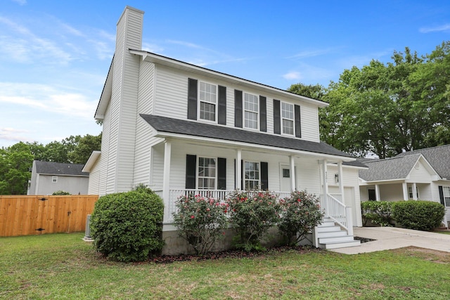 traditional-style home featuring fence, a front yard, a chimney, a shingled roof, and a porch