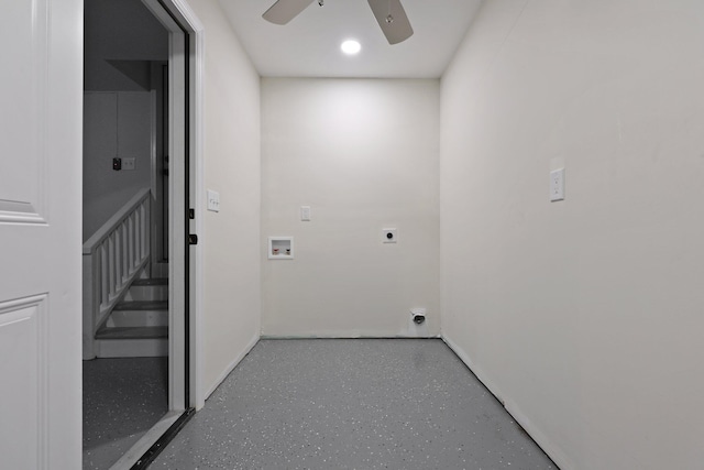 laundry area featuring washer hookup, laundry area, a ceiling fan, electric dryer hookup, and baseboards