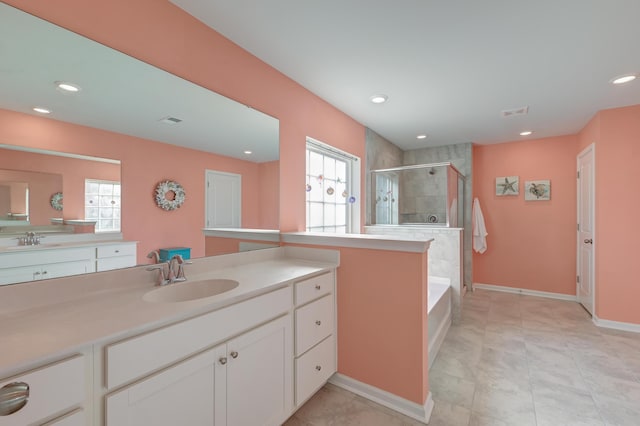 full bath featuring a garden tub, recessed lighting, vanity, baseboards, and a stall shower