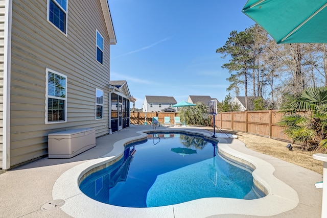 view of pool with a fenced backyard, a fenced in pool, and a patio