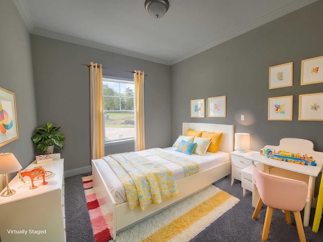 carpeted bedroom featuring ornamental molding