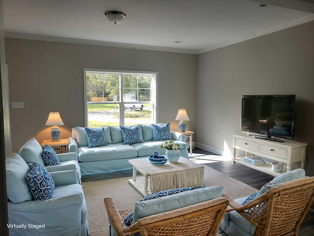 living room featuring light wood-type flooring and crown molding