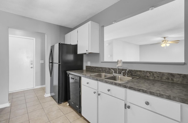 kitchen featuring sink, ceiling fan, black appliances, white cabinets, and light tile patterned flooring