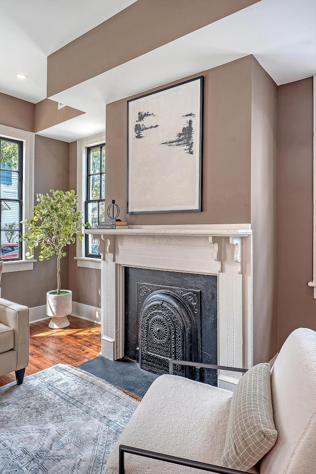 living area featuring a fireplace, wood finished floors, and baseboards