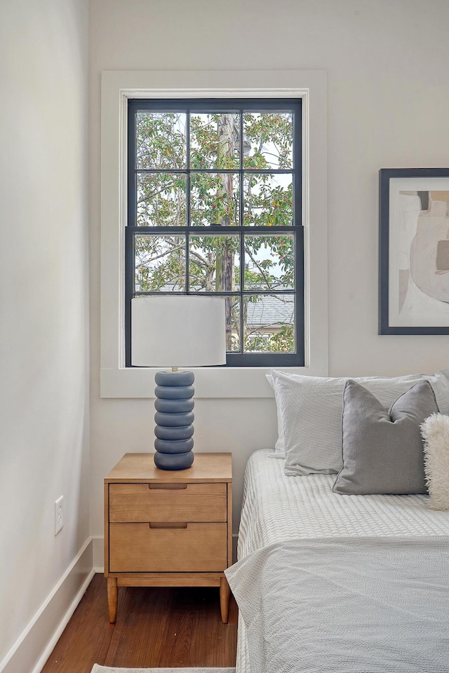 bedroom with baseboards, multiple windows, and dark wood-style flooring