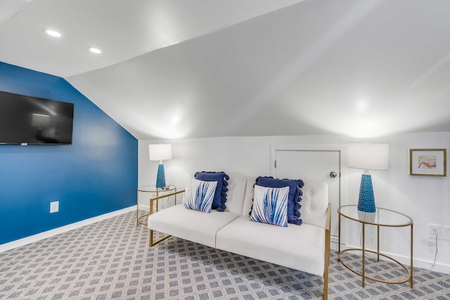 carpeted living room with recessed lighting, baseboards, and lofted ceiling