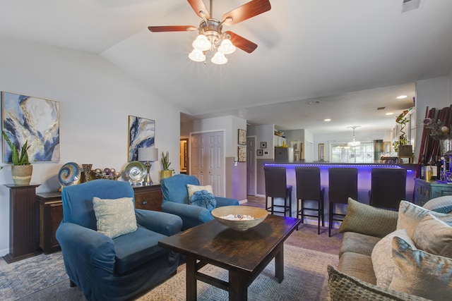 8059 Shadow Oak Dr, North Charleston, SC 29406 - living room featuring a ceiling fan, vaulted ceiling, and recessed lighting