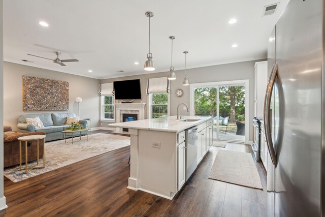 kitchen with white cabinetry, dark wood-type flooring, a fireplace, stainless steel appliances, and a kitchen island with sink