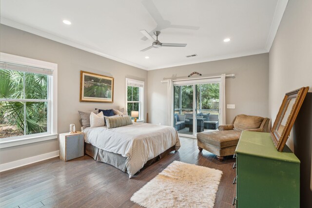 bedroom featuring access to outside, crown molding, dark hardwood / wood-style flooring, and ceiling fan