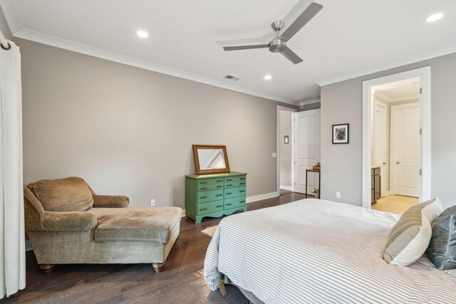 bedroom featuring crown molding, ceiling fan, and hardwood / wood-style flooring