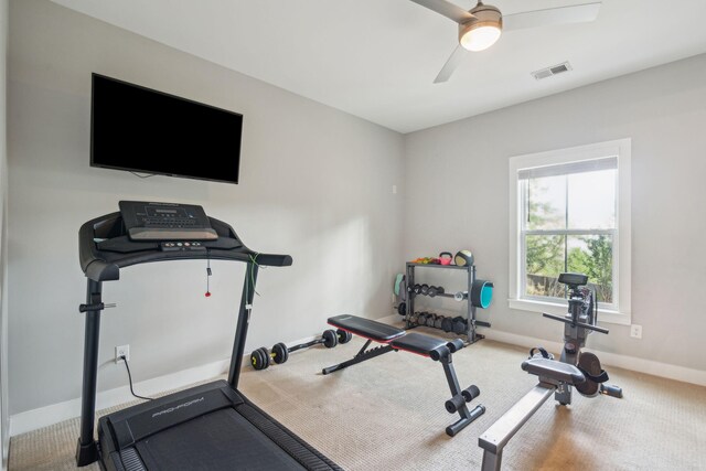 workout room featuring carpet flooring and ceiling fan