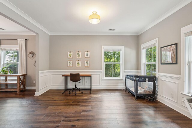 misc room with dark hardwood / wood-style floors and ornamental molding