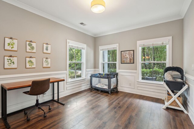 office area featuring crown molding and dark hardwood / wood-style floors