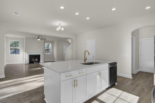 5629 Ellington School Rd, Ravenel, SC 29470 - kitchen featuring a sink, arched walkways, stainless steel dishwasher, a center island with sink, and ceiling fan